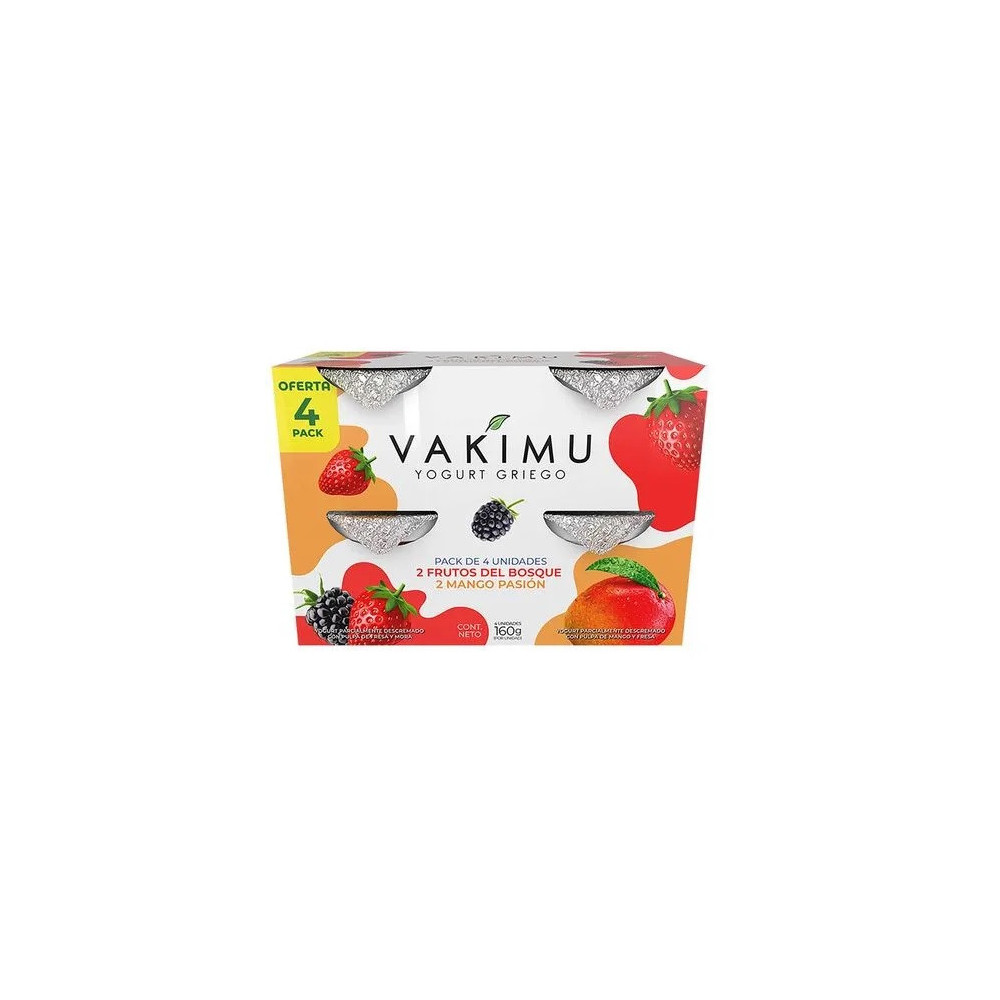 Yogurt Griego VAKIMU Sabor a Frutos del Bosque y Mango Botella 160g Paquete 4 unidades
