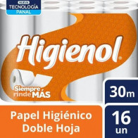 Papel Higiénico HIGIENOL Doble Hoja 30mts x Rollo Paquete 16unidades