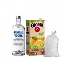 COMBO37	VODKA ABSOLUD 700ML + JUGO DE NARANJA GLORIA 1L+HIELO