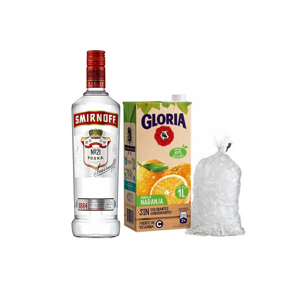 COMBO38	VODKA SMIRNOFF RED 700ML + JUGO DE NARANJA GLORIA 1L+HIELO