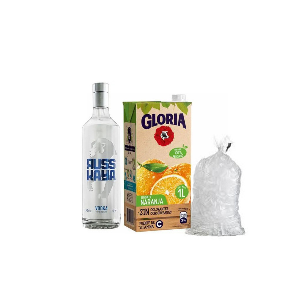 COMBO40	VODKA RUSKAYA CLASICO 750ML + JUGO DE NARANJA GLORIA 1L+HIELO