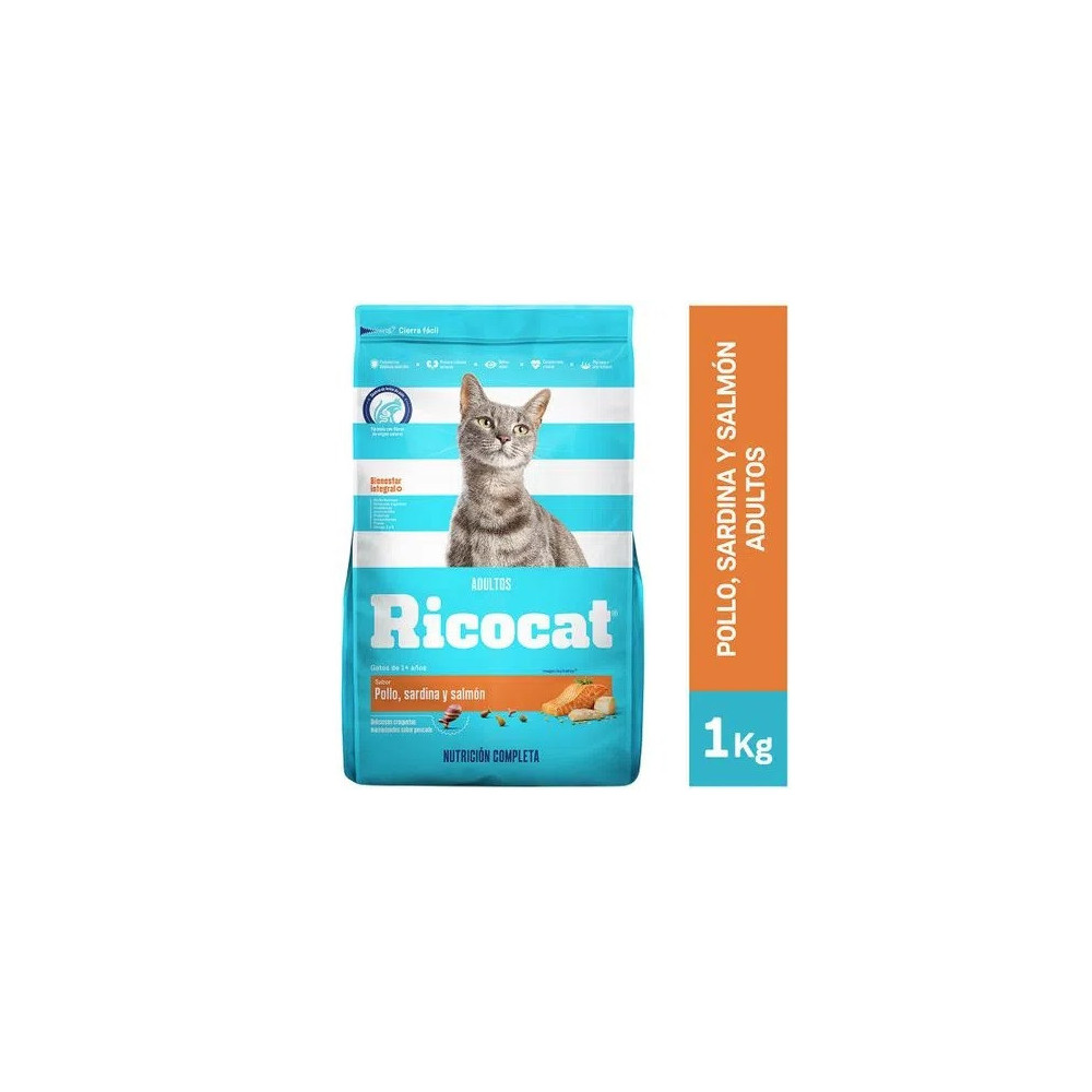 RICOCAT Adultos Sabor Pollo, Sardina y Salmón Bolsa 1Kg