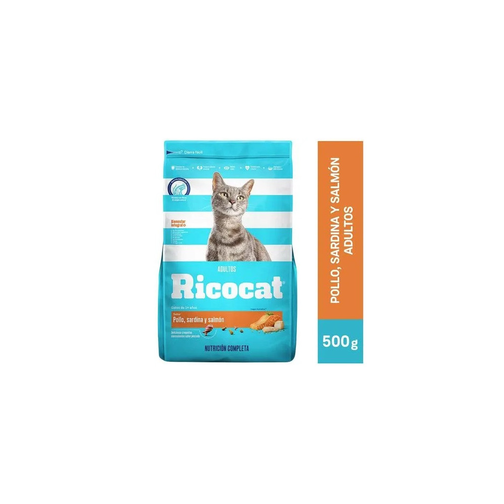 RICOCAT Adultos Sabor Pollo, Sardina y Salmón Bolsa 500g RICOCAT Adultos Sabor Pollo, Sardina y Salmón Bolsa 500g