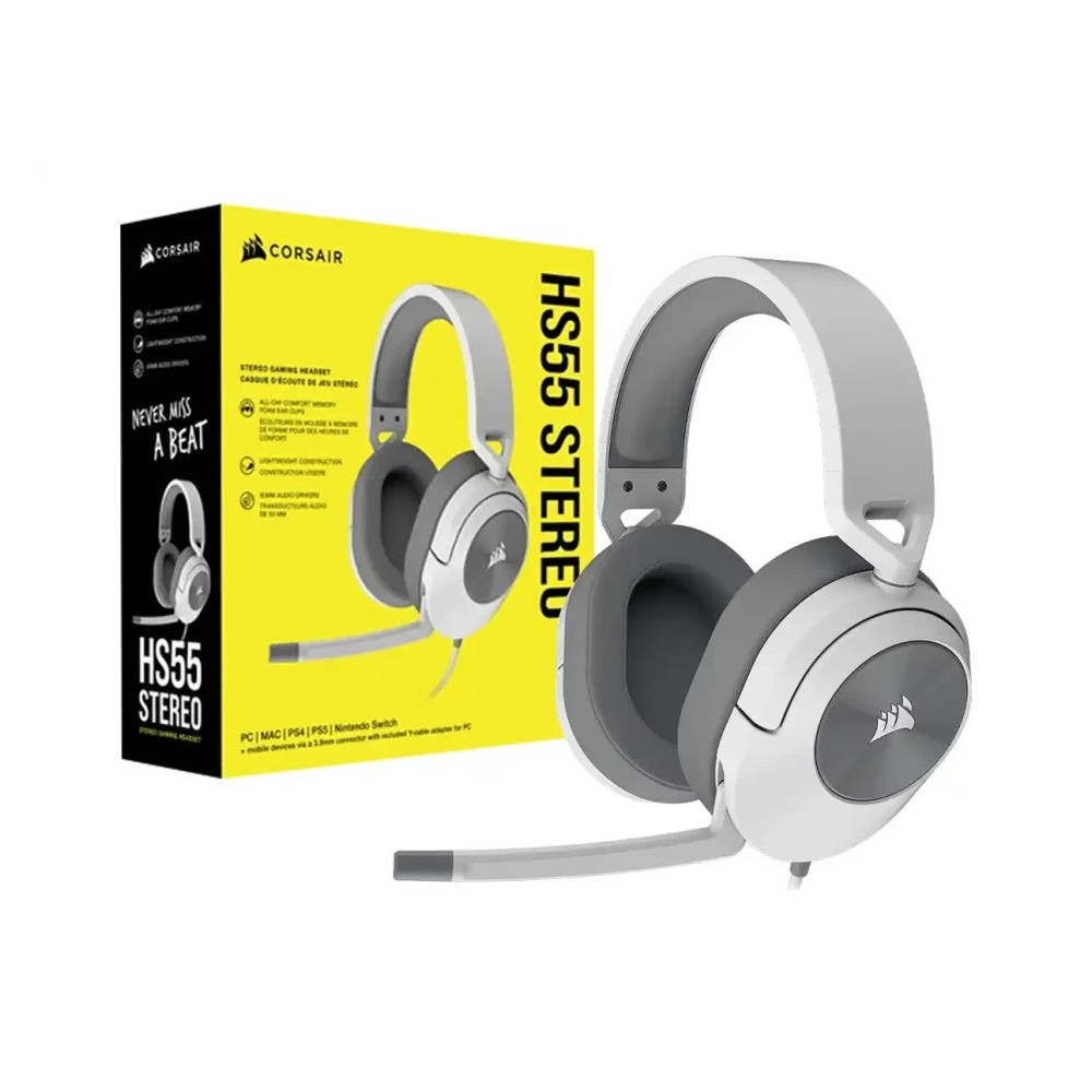 AURICULARES GAMING CORSAIR HS55 ESTÉREO, WHITE, 3.5 MM, 1.8 M, PC-MAC-PLAYSTATION-XBOX-MOBILE